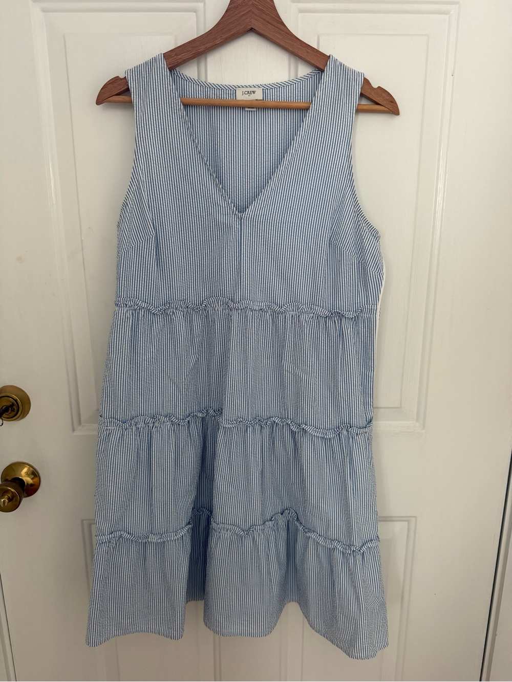 J. Crew Light Blue & White Striped Tiered V-Neck Dress